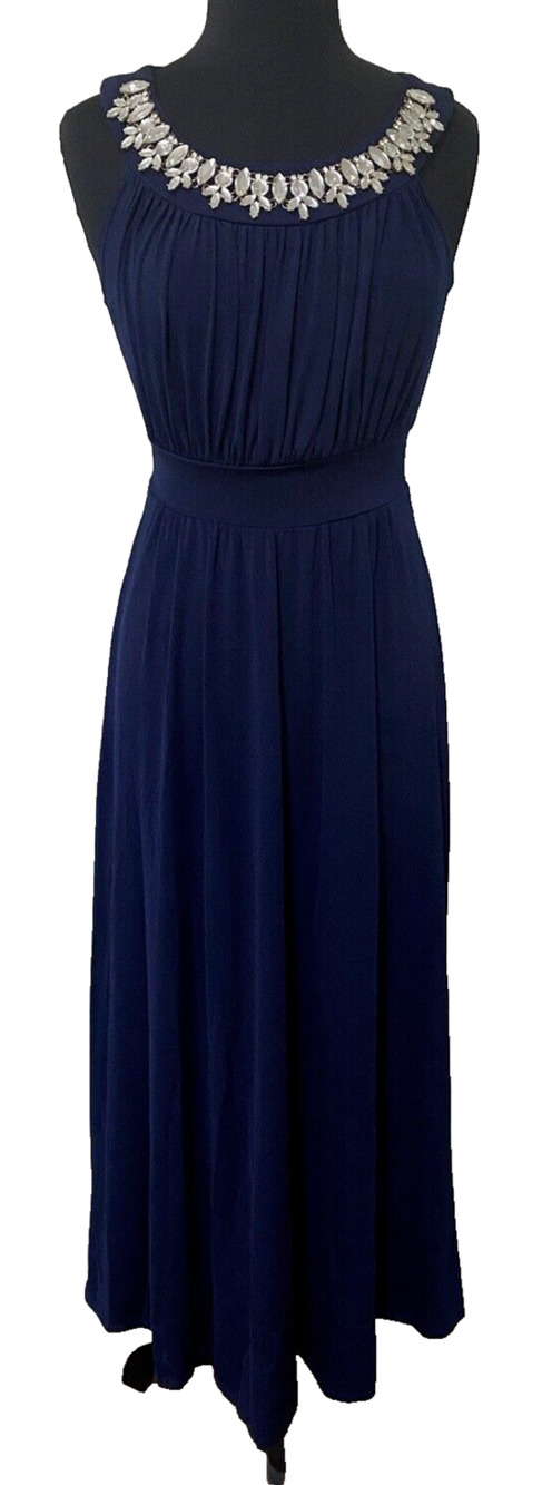 Sandiva Womens Jeweled Neckline Maxi Dress Size Small Navy Glamorous Formal Gown